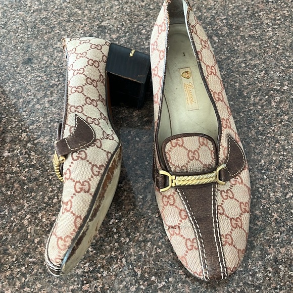 GUCCI LADIES BROWN GG WEB GOLD LOW HEEL PUMPS-40B-9.5-VINTAGE - Picture 10 of 14